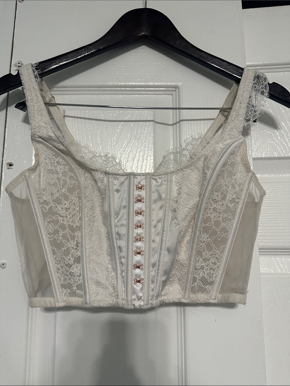 Victoria's Secret Ivory Lace Longline Corset Bralette with Satin Front